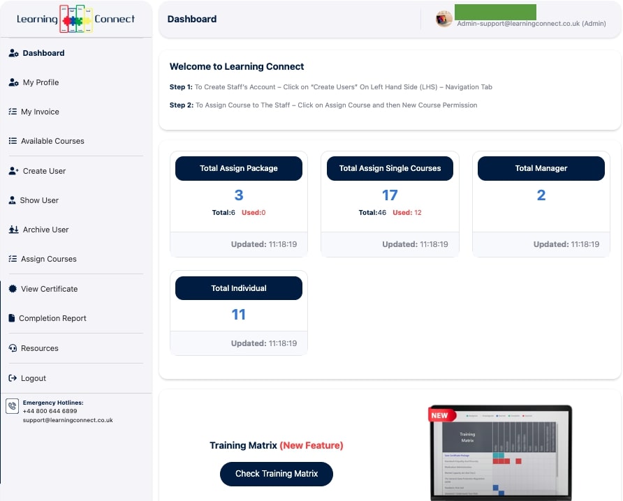  Complete description of the set up of company account, including, buying courses, creating staff account, assigning courses to staff, tracking progress and training matrix
